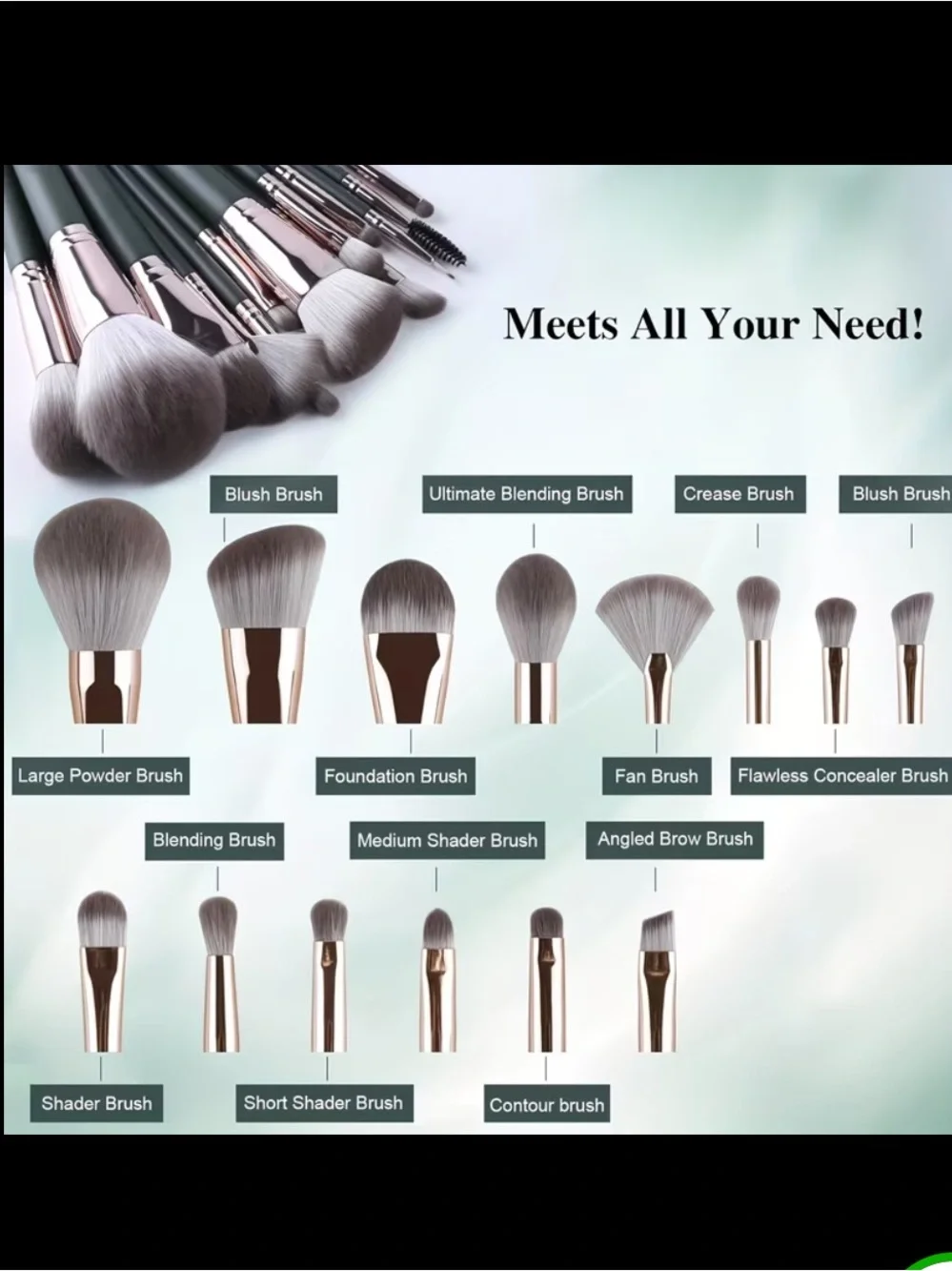 14 Piece NIP Green Makeup Brush Set with Powder Applicators